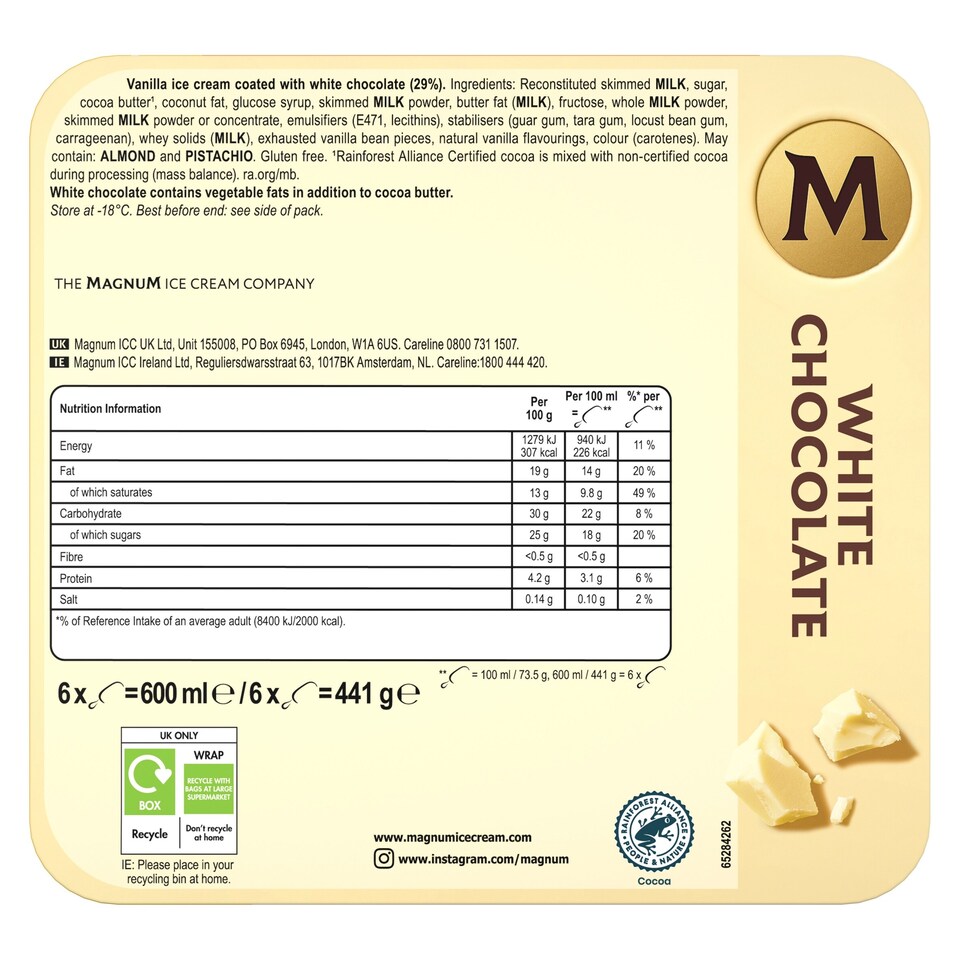 image 1 of Magnum White Chocolate Ice Cream Sticks 6x100ml