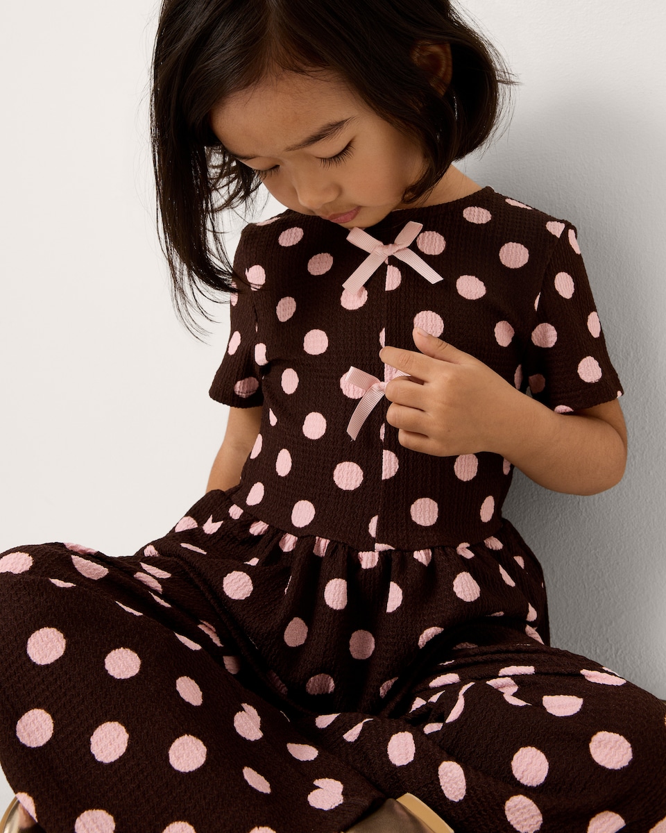 image 1 of F& Girls Textured Polka Dot Print Top and Trousers Set in Brown
