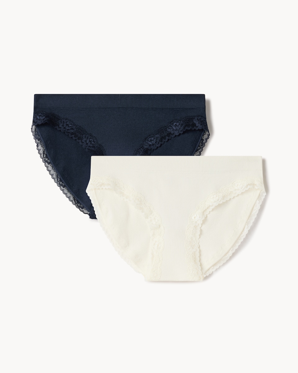 image 1 of F&F 2-Pack Ribbed Lace Trim High Leg Knickers in Multi