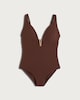 image 2 of F&F Textured Metal V Neck Plunge Tummy Control Swimsuit in Chocolate