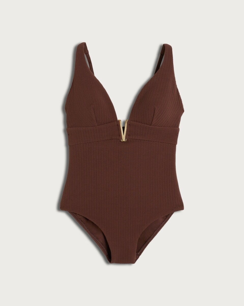 image 1 of F&F Textured Metal V Neck Plunge Tummy Control Swimsuit in Chocolate