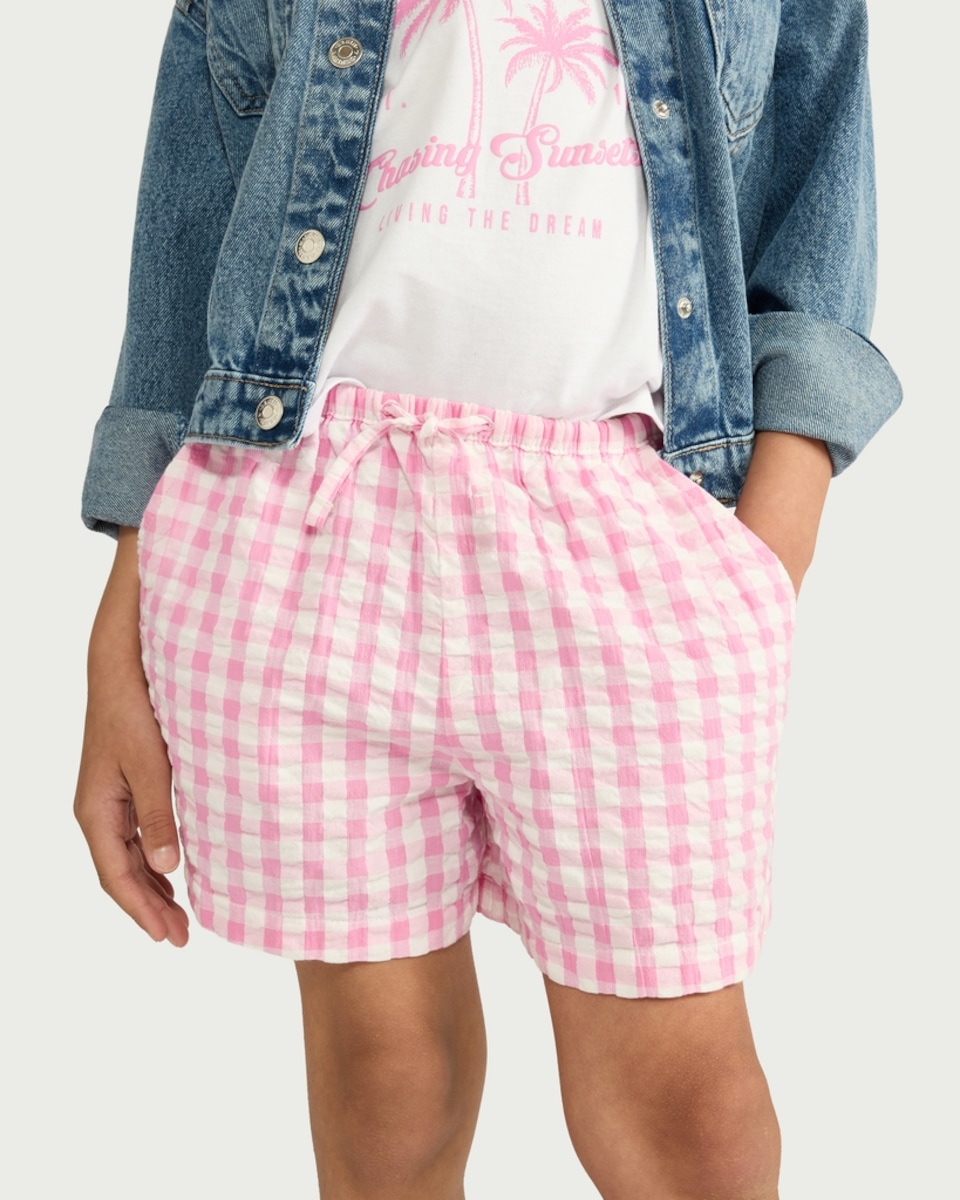 image 1 of F&F Girls Pure Cotton Gingham Shorts in Pink