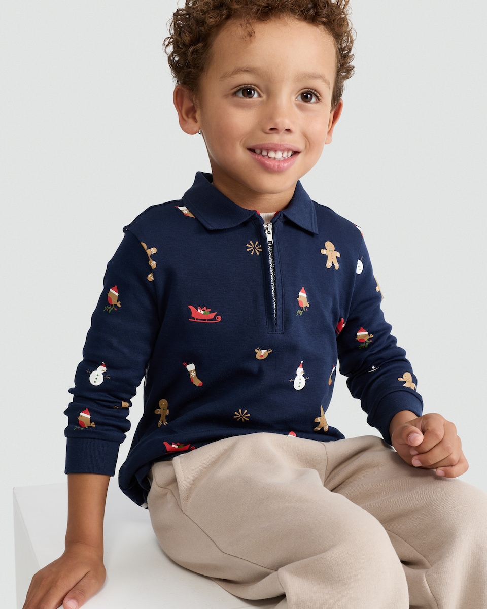 image 1 of F&F Boys Pure Cotton Christmas Print Zip Neck Polo Top in Navy