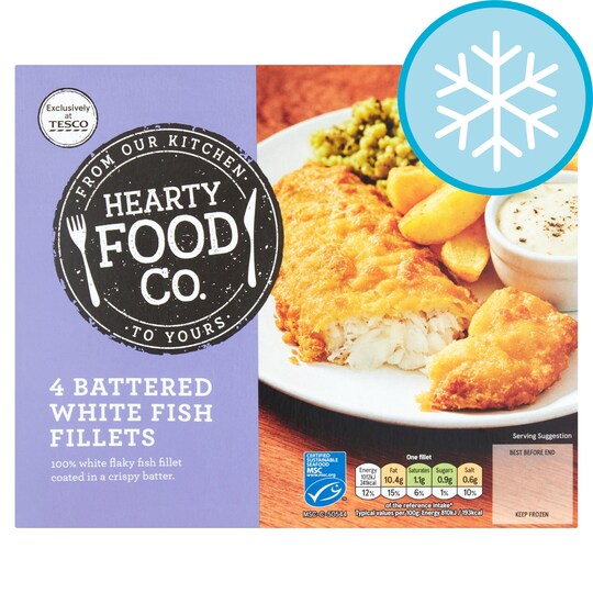 Hearty Food Co 4 Battered White Fish Fillets 500G Tesco Groceries