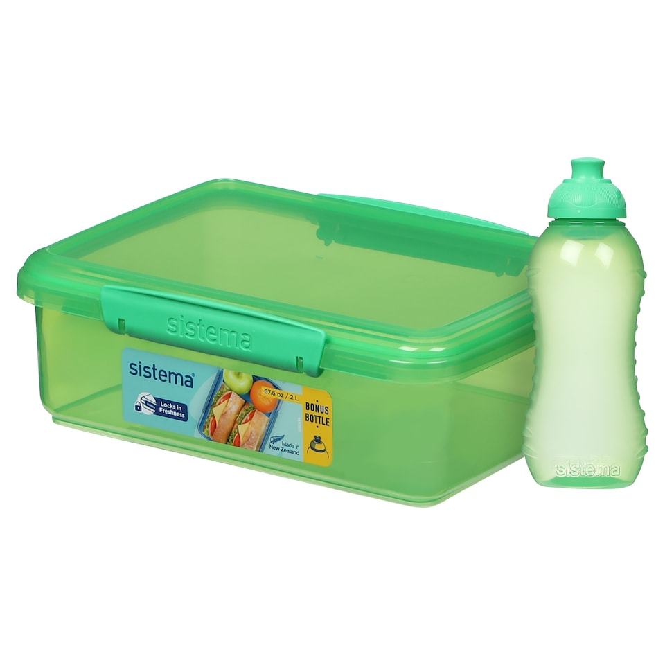 image 1 of Sistema Green Rectangle Lunch Box 2L with Water Bottle 330ml