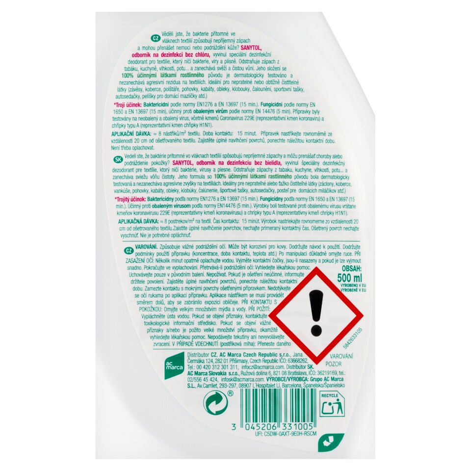 image 1 of Sanytol Deodorizer and Disinfectant White Flower Scent 500ml