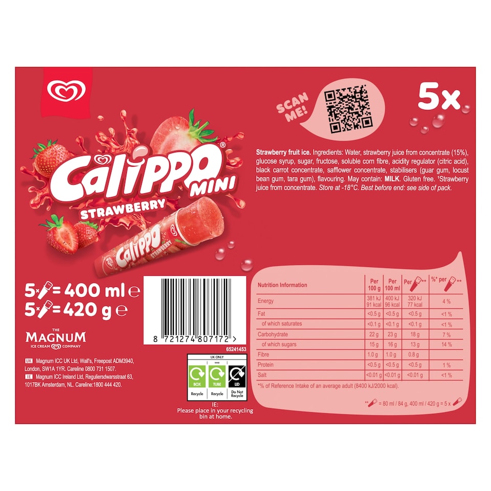 image 1 of Calippo Strawberry Ice Lollies 5x80ml