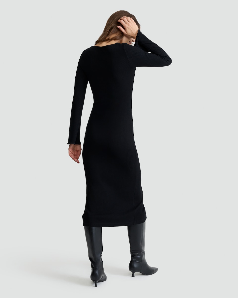 image 1 of F&F Ribbed Button Front Midi Dress in Black