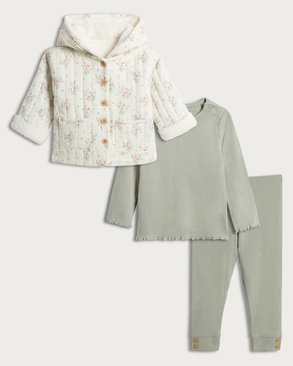 image 1 of F&F Baby 3-Piece Quilted Jacket, Ribbed Top and Leggings Set in Cream