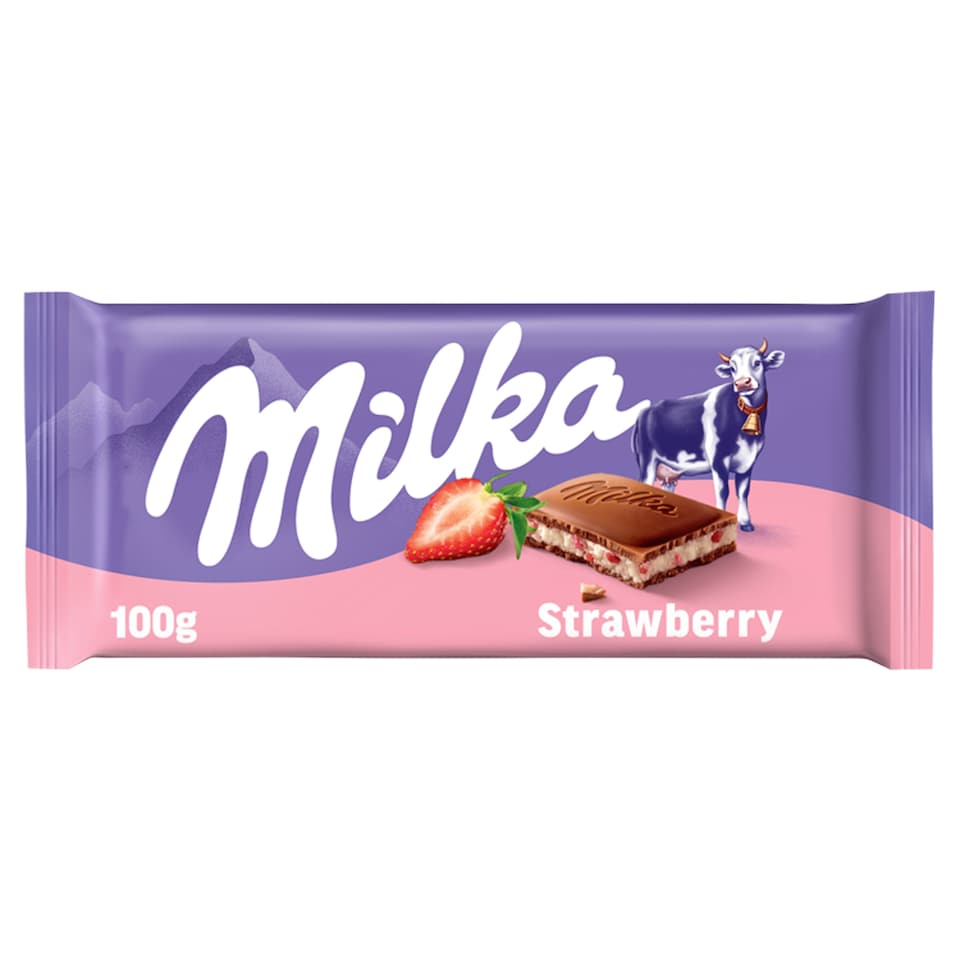 image 1 of Milka Alpine Milk Chocolate with Strawberry Flavoured Cream Filling 100g