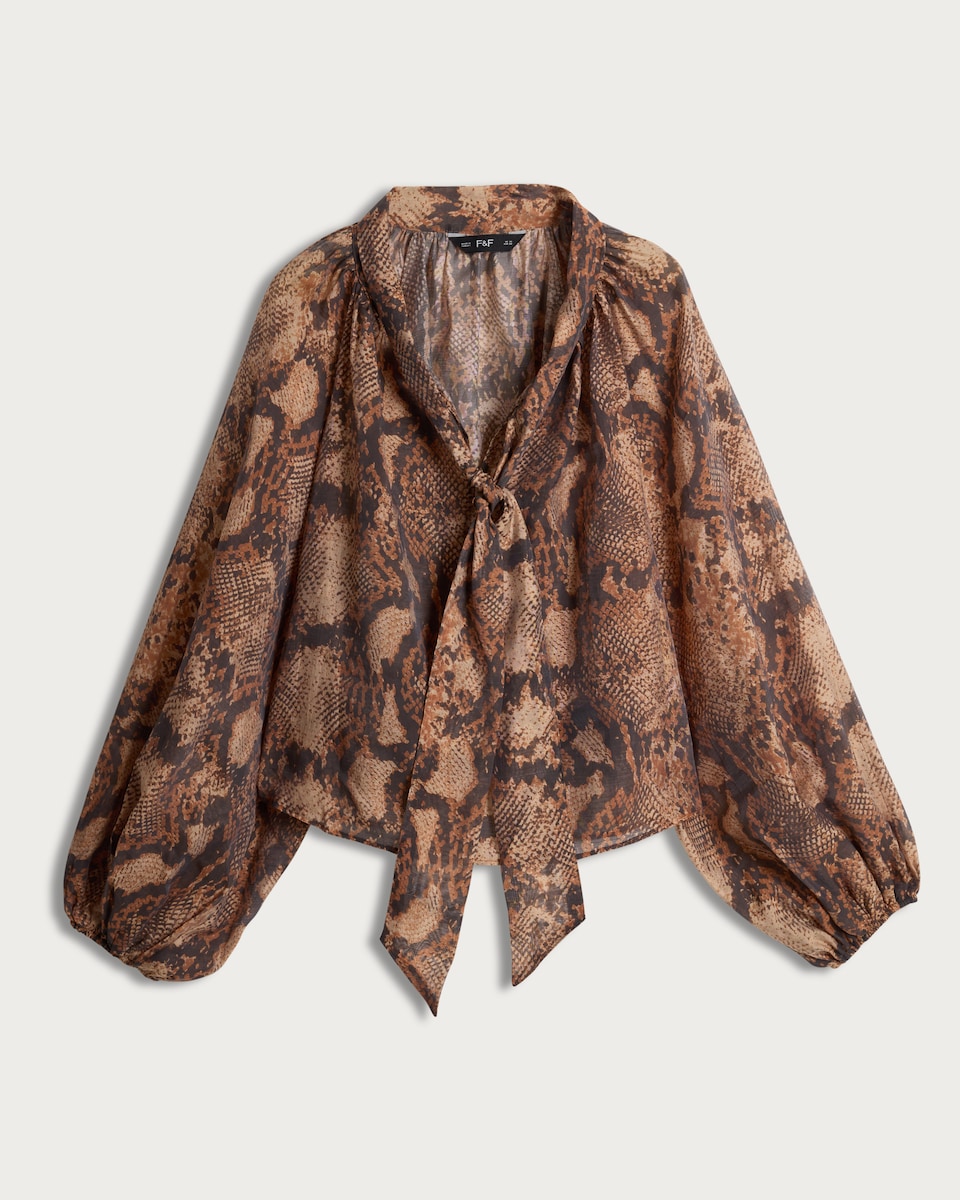 image 1 of F&F Snake Print Tie Neck Blouse in Multi Brown