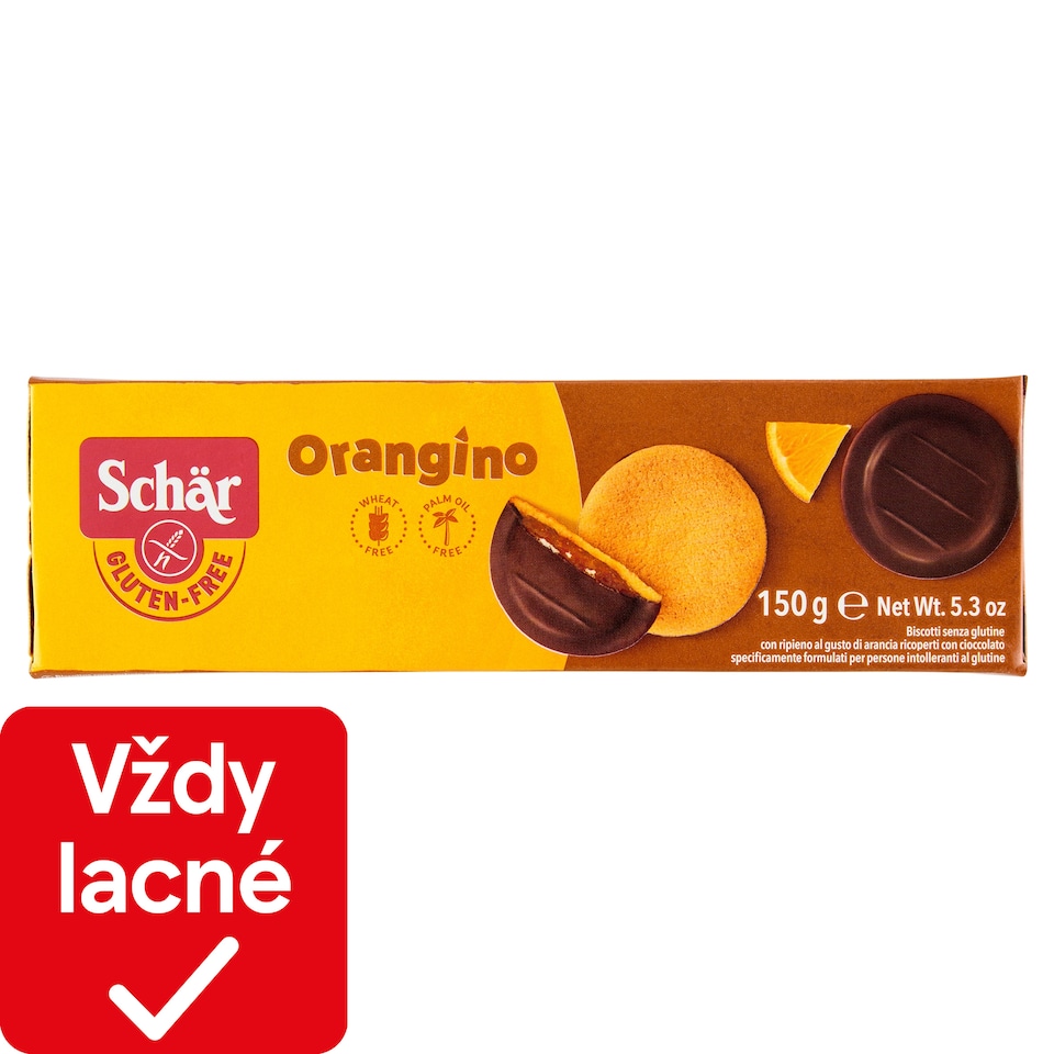 obrázok 1 z Schär Orangino jemné pečivo bez lepku polomáčané v čokoláde s náplňou s príchuťou pomaranča 150 g