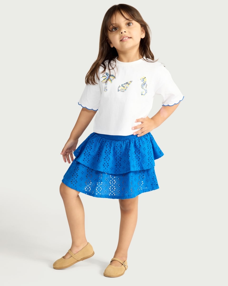 image 1 of F&F Girls 2-Piece Pure Cotton Sequin Top and Tiered Skirt Set in Multi Blue