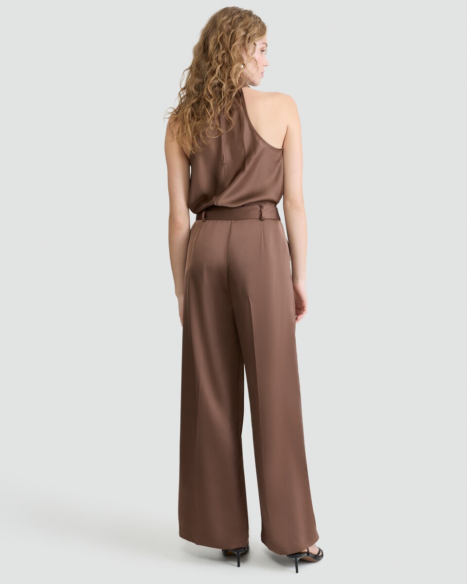 image 1 of F&F Satin Wide Leg Tie Waist Trousers in Brown