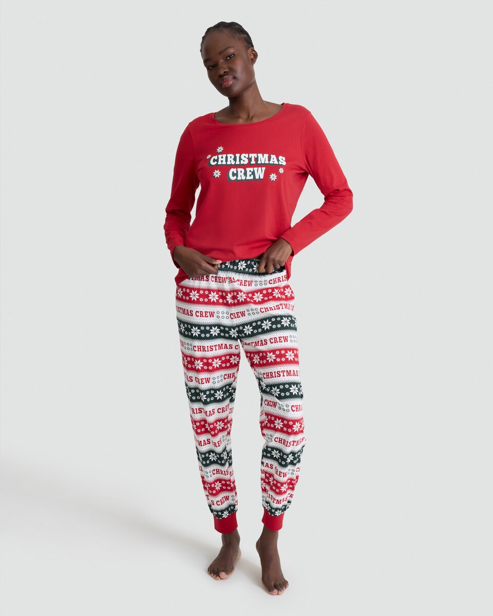 image 1 of F&F Pure Cotton Christmas Crew Top and Joggers Pyjamas in Red