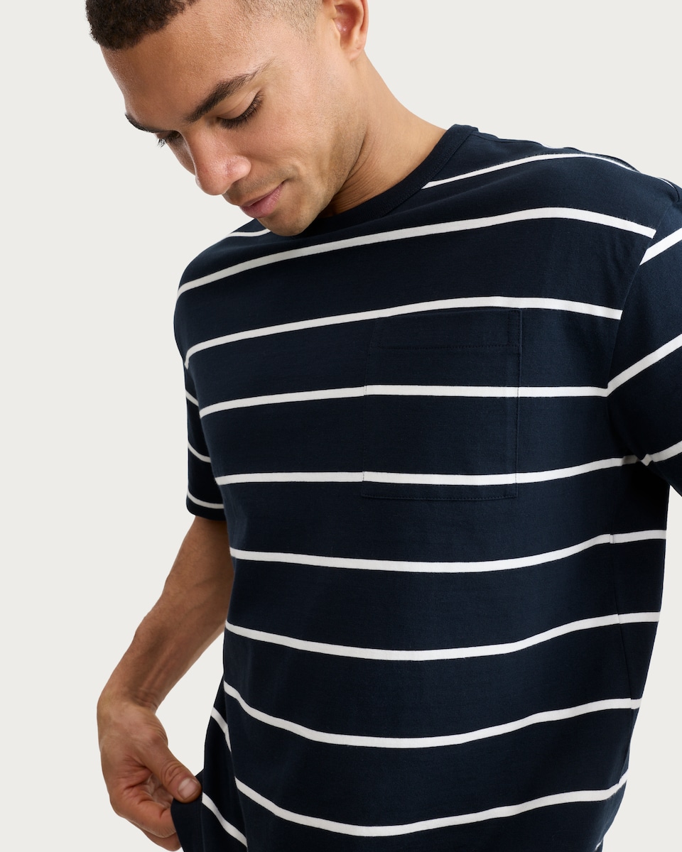 image 1 of F&F Pure Cotton Stripe Print Short Sleeved Relaxed Fit T-Shirt in Navy