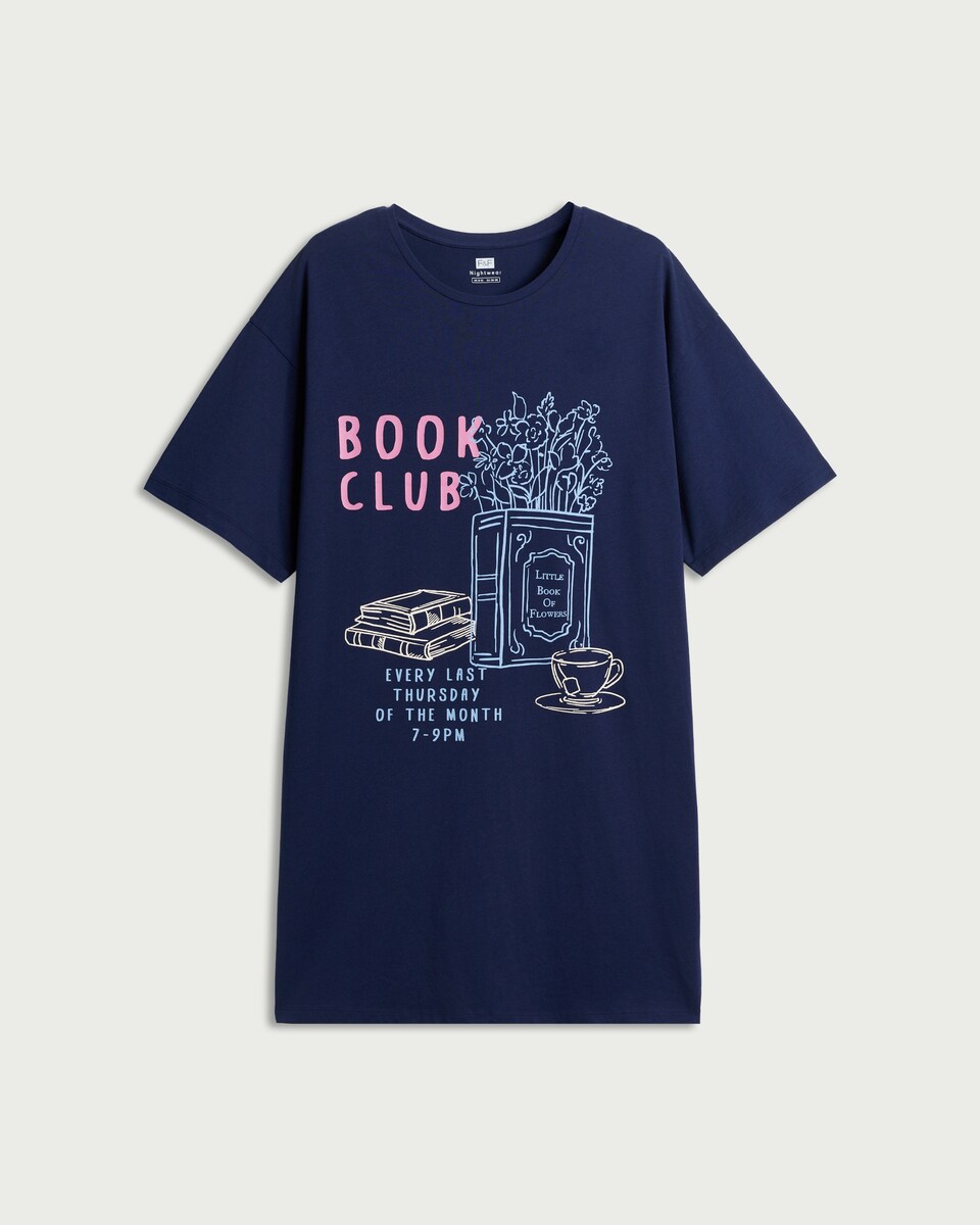 image 1 of F&F Pure Cotton Book Club Nightdress in Navy