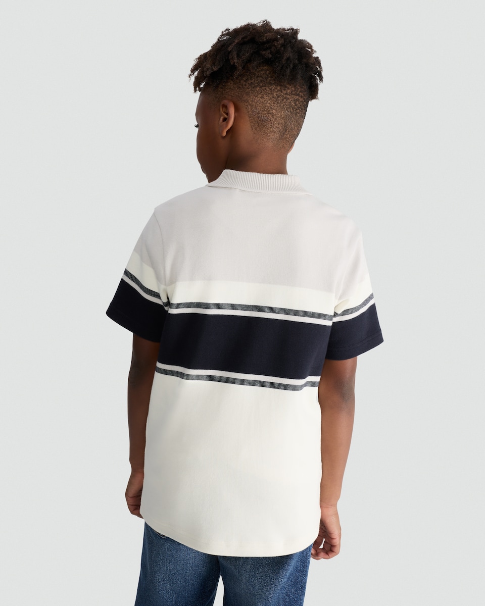 image 1 of F&F Boys Cotton Rich Colour Block Half Zip Polo Top in Med Nude