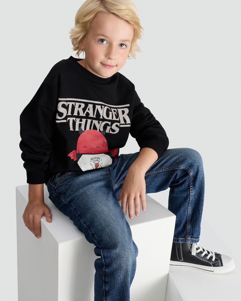 image 1 of  Stranger Things x Squishmallow Hellfire Club Sweatshirt in Black