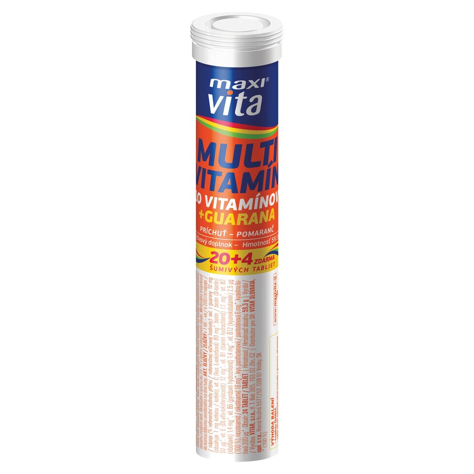 Maxi Vita Multivitamín 10 vitamínov + guarana príchuť pomaranč 24 šumivých tabliet 72 g