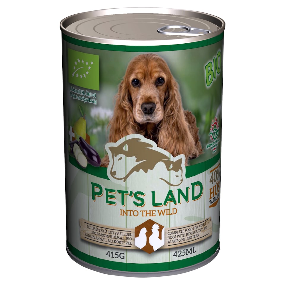 Pet's Land teljesértékű kutyaeledel bio baromfihússal, bio padlizsánnal, bio körtével 415 g