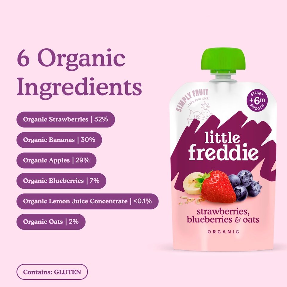 image 1 of Little Freddie Organic Strawberries, Blueberries & Oats Baby Food Pouch Multipack 6+ Months 6 x 100g