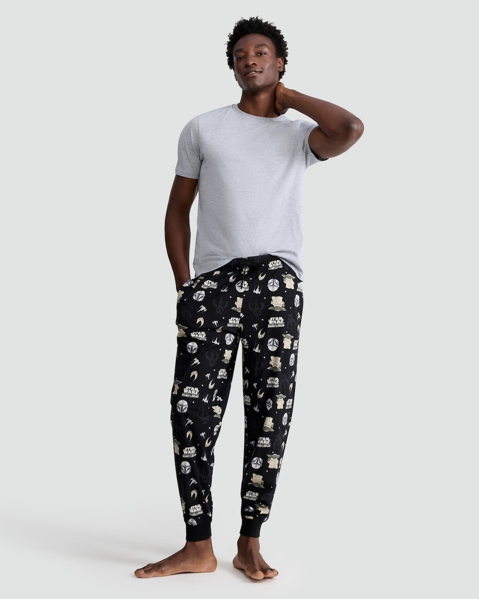 image 1 of Disney Star Wars Mandalorian Fleece Pyjama Bottoms in Black