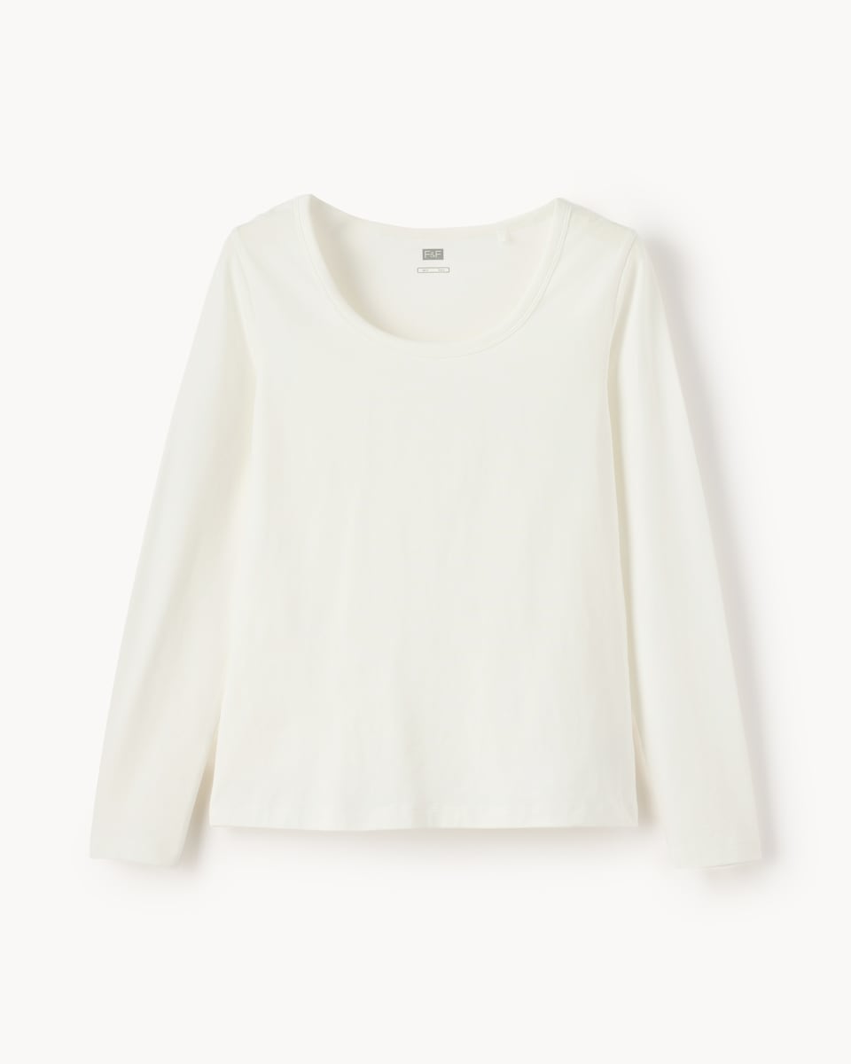 image 1 of F&F Cotton Rich Scoop Neckline Long Sleeved Top in White