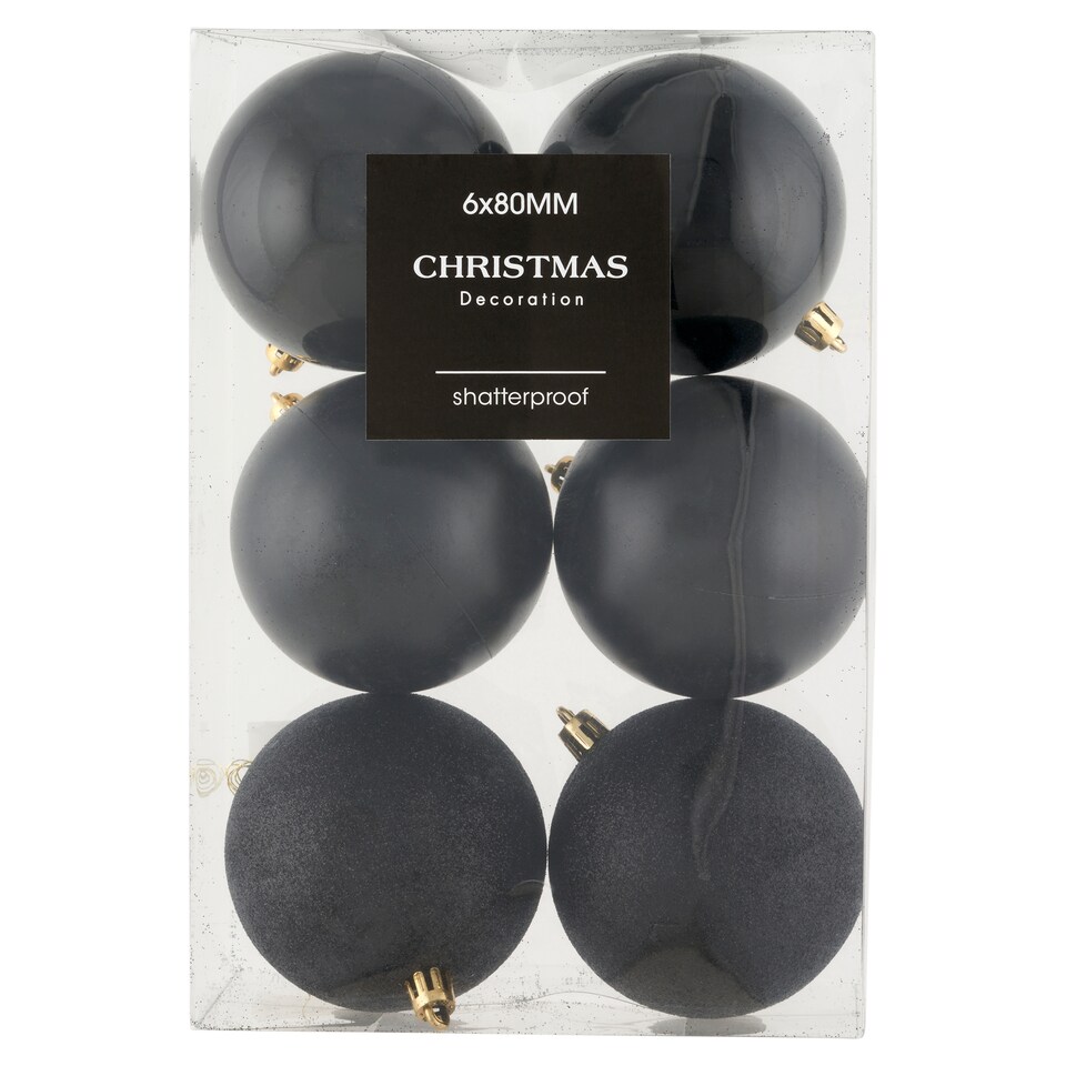 Čierne nerozbitné vianočné gule 80 mm 6 ks
