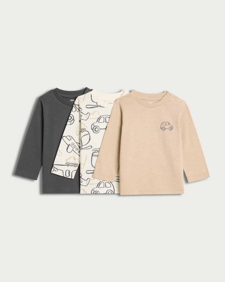 image 1 of F&F Baby 3-Pack Pure Cotton Transport Print Tops in Grey
