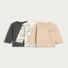 F&F Baby 3-Pack Pure Cotton Transport Print Tops in Grey