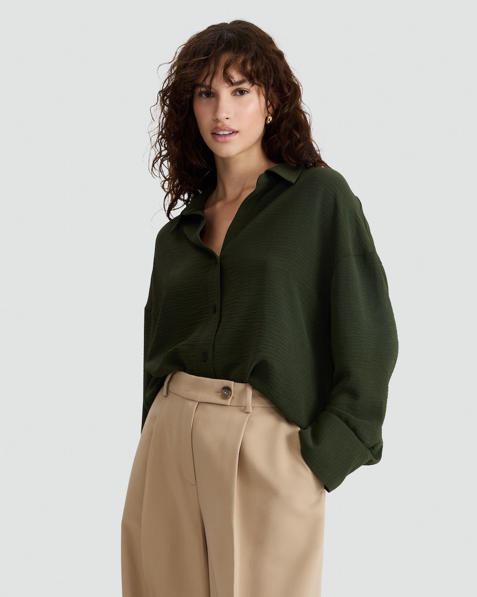 image 1 of F&F Button Up Long Sleeved Co-ord Shirt in Olive