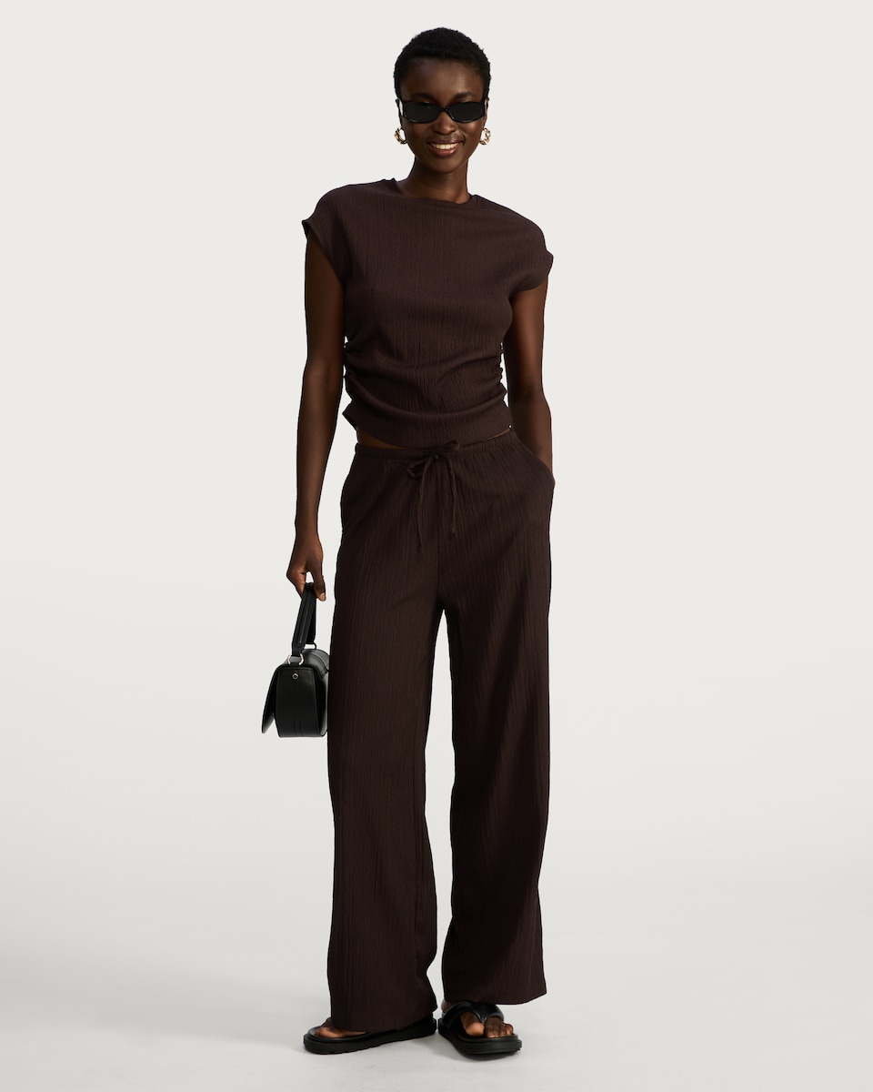 image 1 of F&F Crinkle Ruched Cap Sleeved Co-ord Top in Brown
