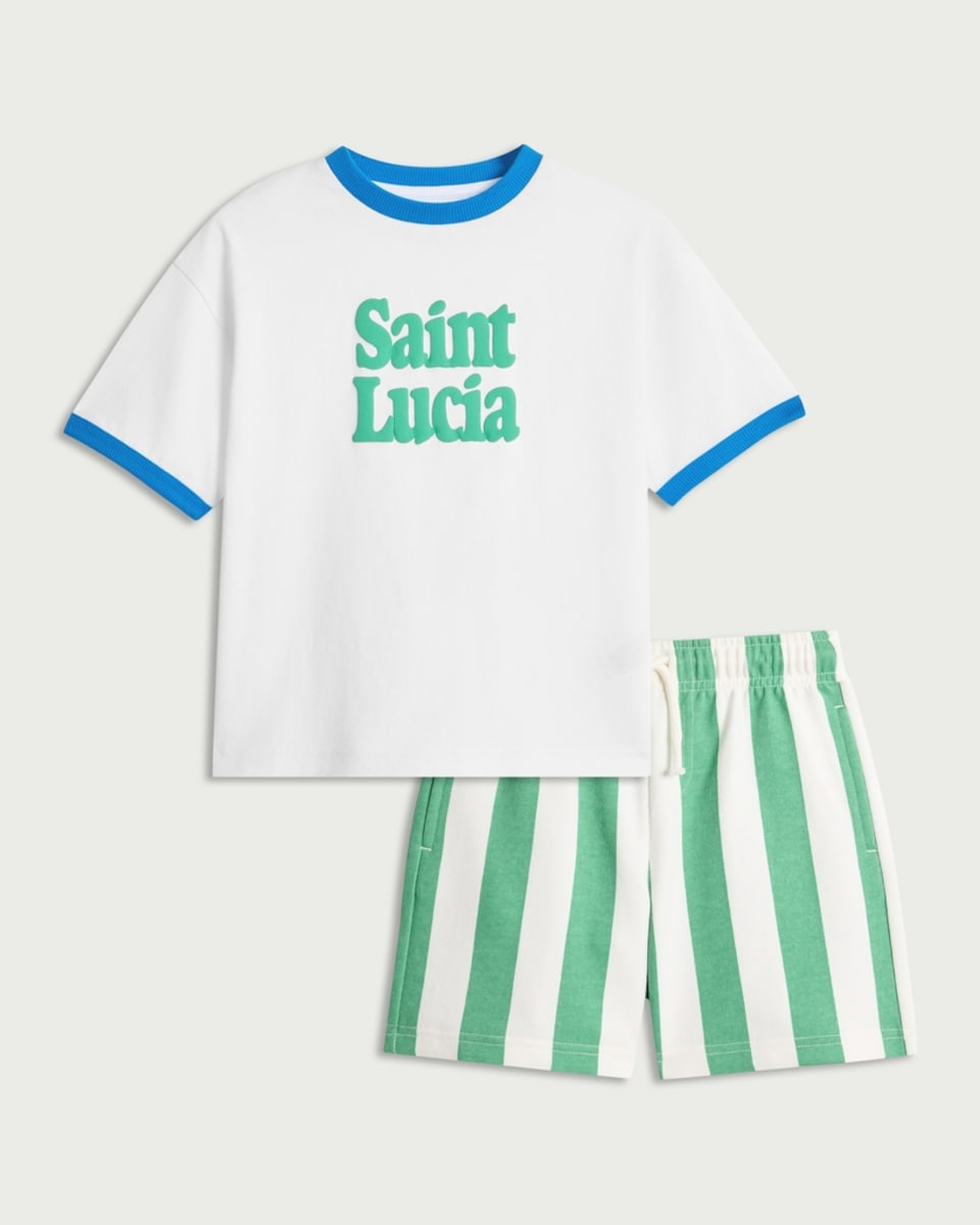 image 1 of F&F Boys 2-Piece Saint Lucia Slogan T-Shirt and Striped Shorts Set in White