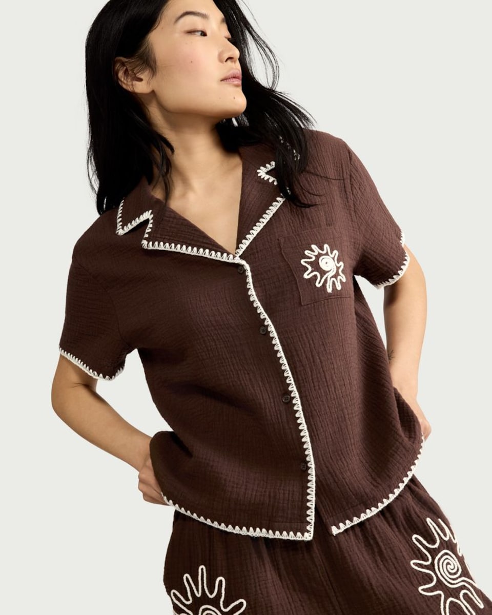 image 1 of F&F Pure Cotton Embroidered Revere Short Pyjama Set in Brown