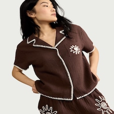 F&F Pure Cotton Embroidered Revere Short Pyjama Set in Brown