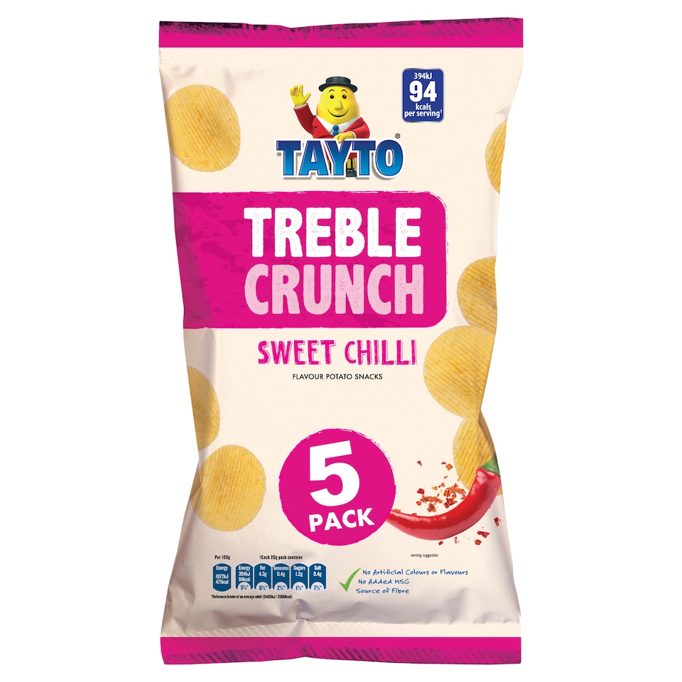 Tayto Treble Crunch Sweet Chilli Flavour Potato Snacks 5 x 20g