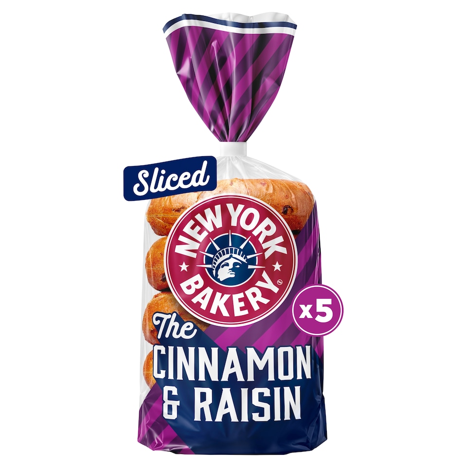 image 1 of New York Bakery Co Cinnamon & Raisin Bagels 5 Pack