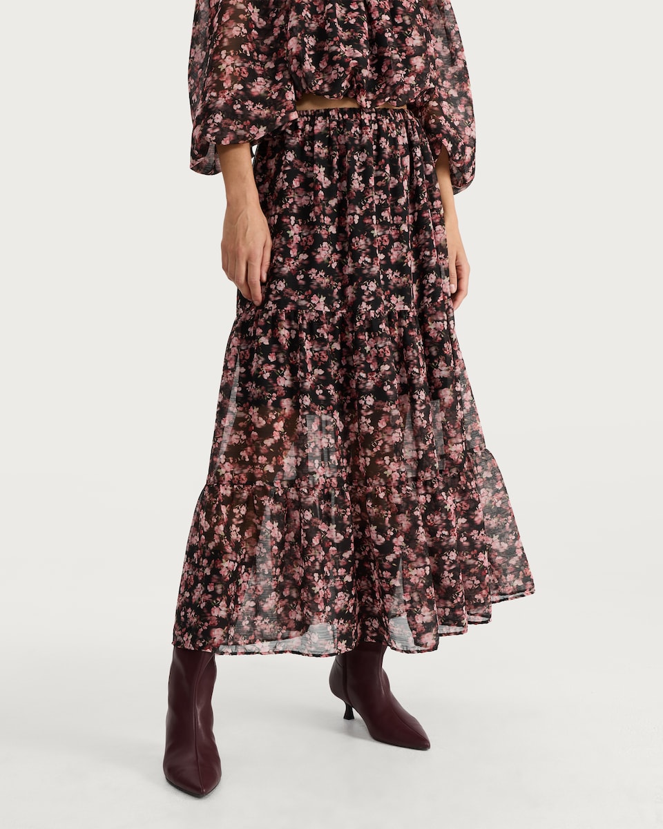 image 1 of F&F Floral Tiered Co-ord Midi Skirt in Multi Black