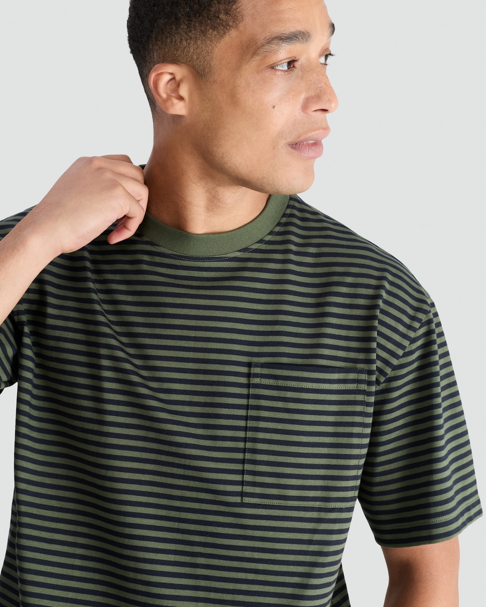image 1 of F&F Pure Cotton Heavyweight Stripe Print T-Shirt in Green