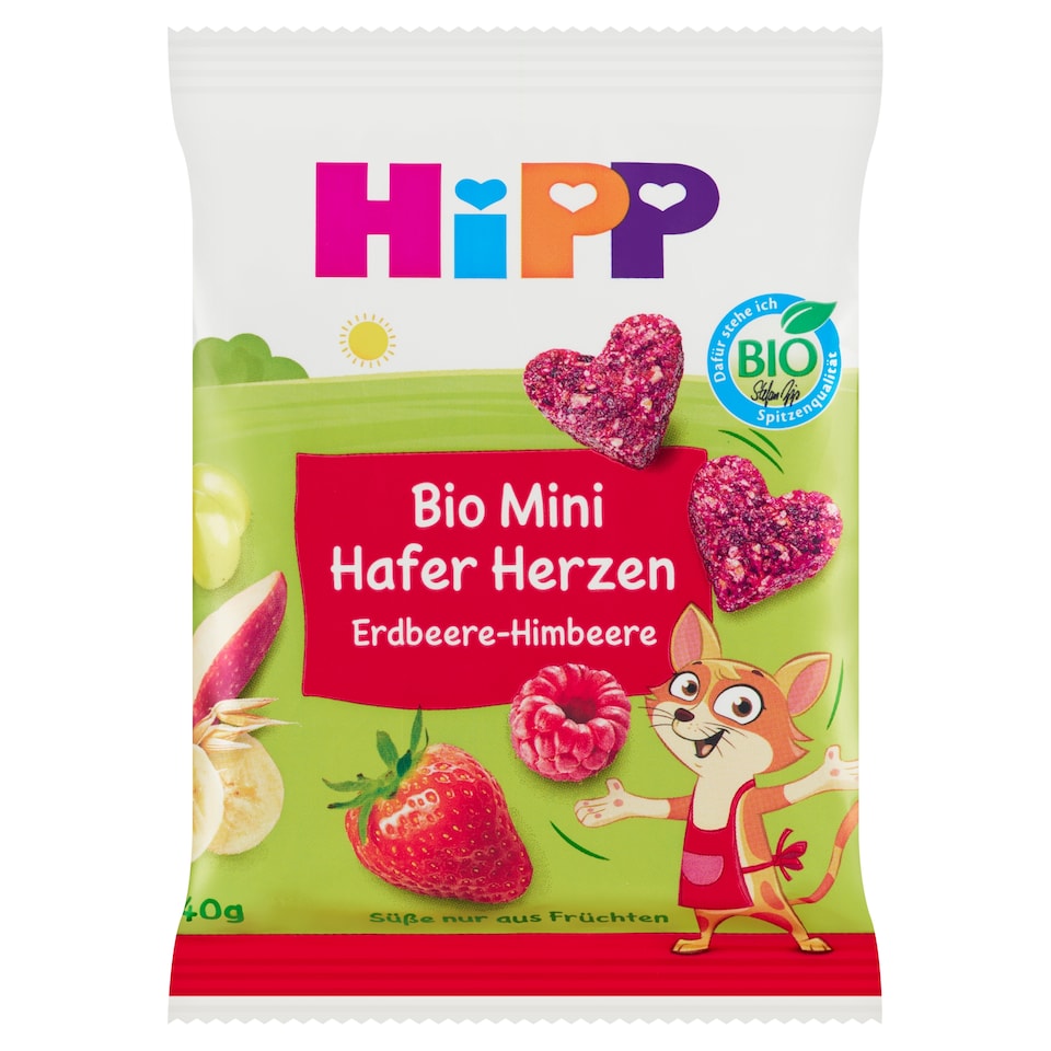 image 1 of HiPP Organic Fruit-Cereal Hearts Strawberry-Raspberry 40g
