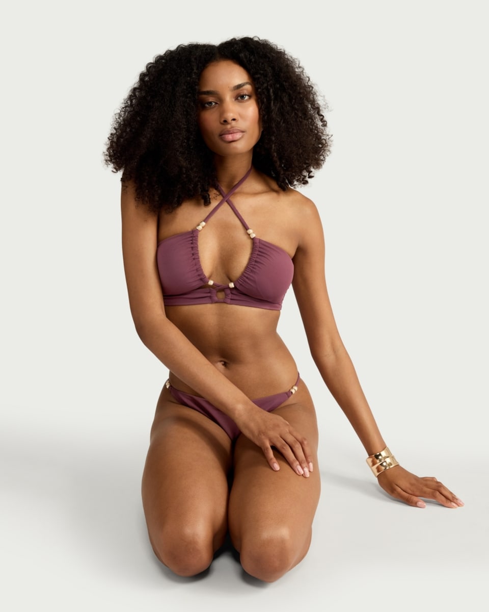 image 1 of F&F Beaded Halter Neck Bandeau Bikini Top in Purple