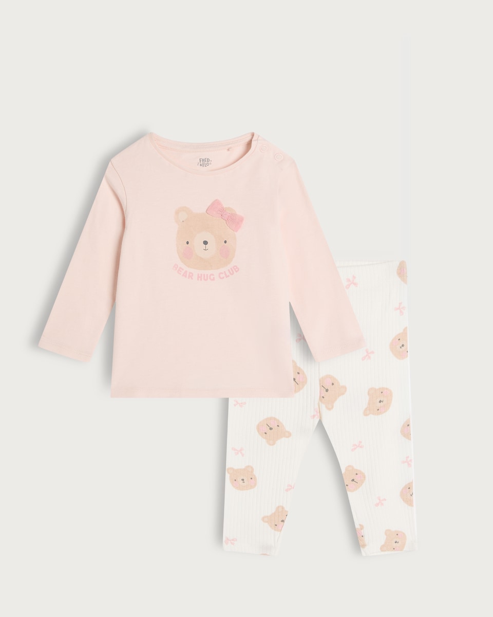 image 1 of F&F Baby 2-Piece Cotton Rich Bear Hug Club Top and Legging Set in Pink