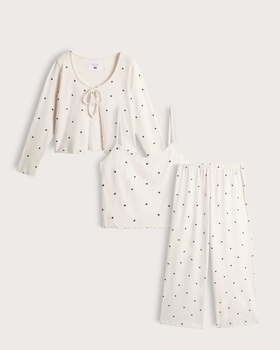 image 1 of F&F 3-Piece Ribbed Heart Print Pyjama Set in Beige