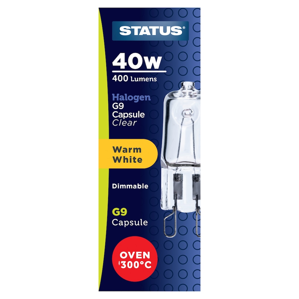Status 40W 400 Lumens Warm White Halogen G9 Capsule Clear.