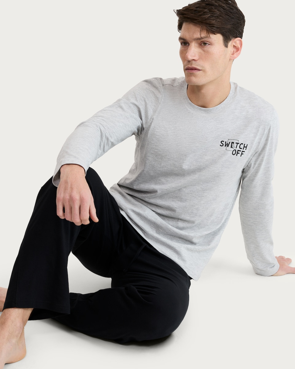 image 1 of F&F Pure Cotton Switch Off Top and Bottoms Pyjama Set in Grey