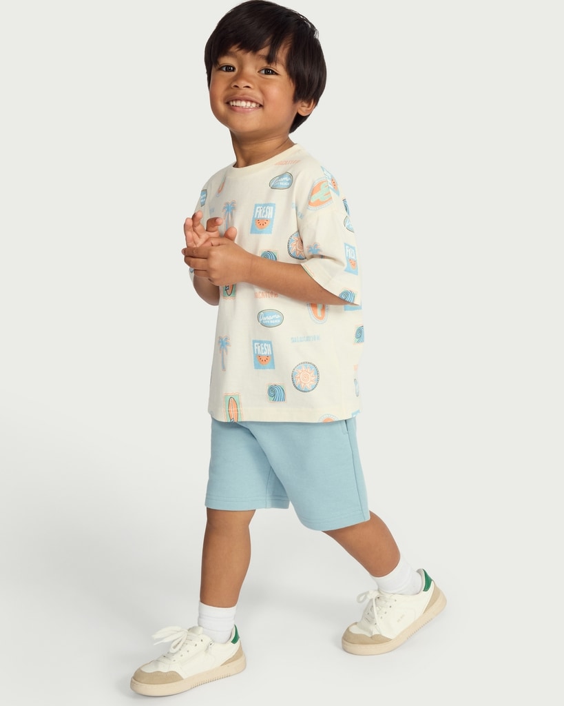 F&F Boys Cotton Rich Printed T-Shirt and Shorts Set in Multi Blue