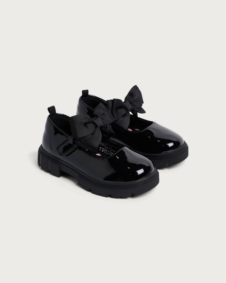 F&F School Girls Patent Bow Detail Mary Jane Shoes in Black