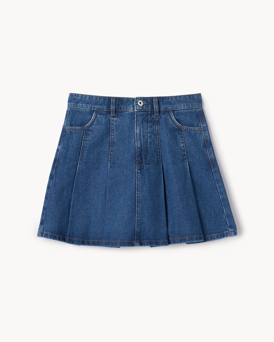 image 1 of F&F Pure Cotton Pleated Denim Mini Skirt in Blue