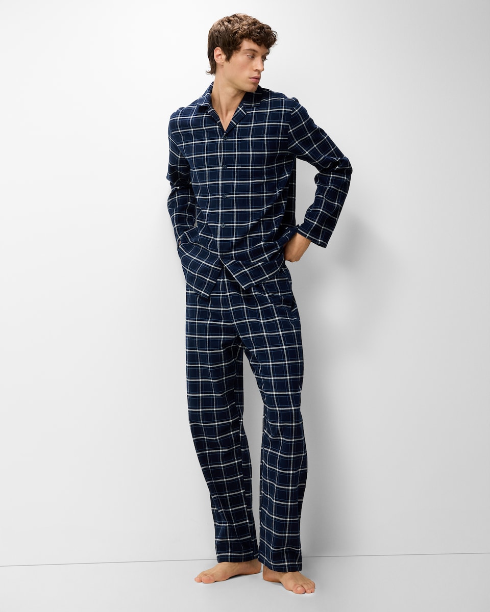 image 1 of F&F Pure Cotton Brushed Checked Revere Pyjama Set in Multi